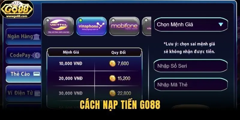 Cách nạp tiền Go88